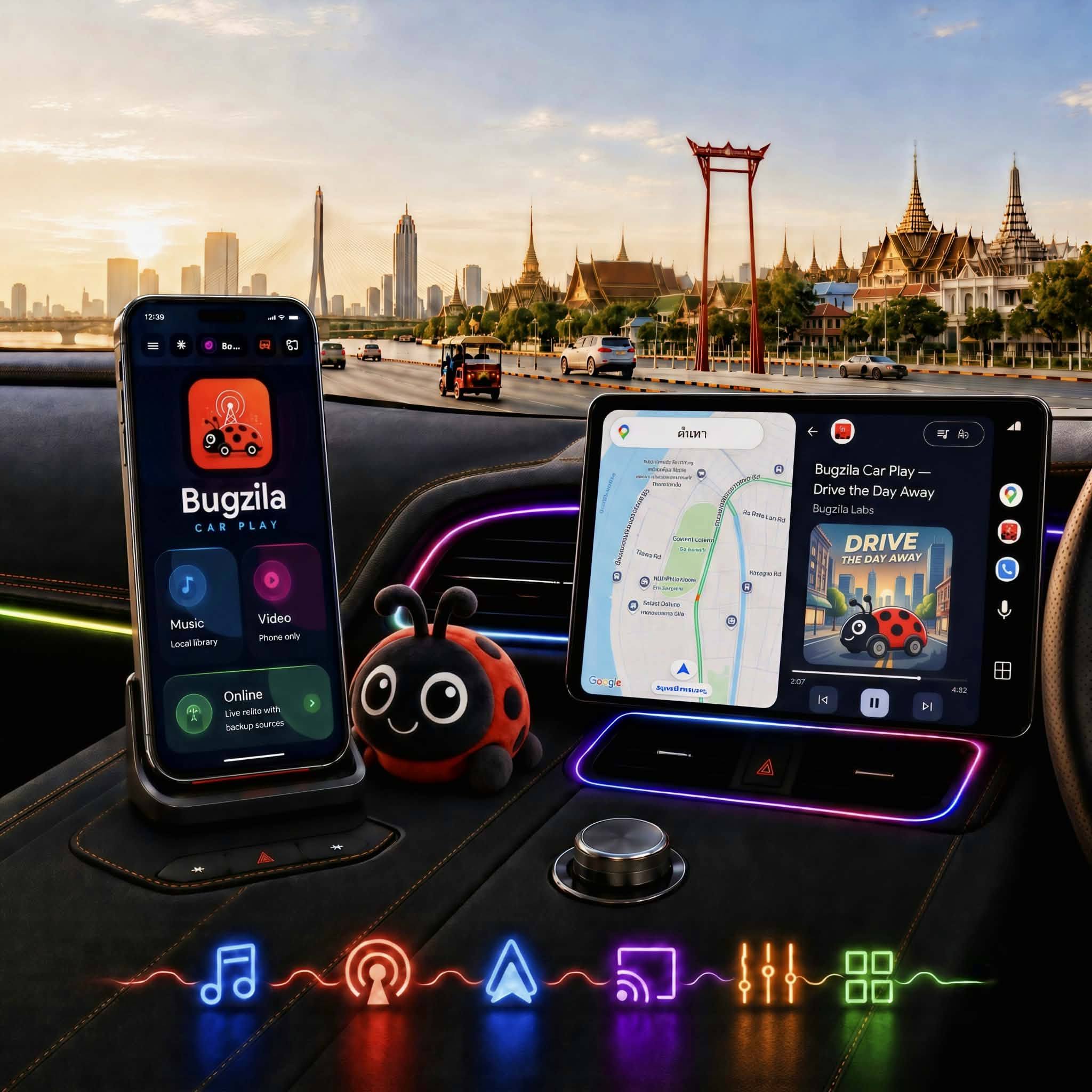 Bugzila Car Play in a car dashboard with Android Auto style experience